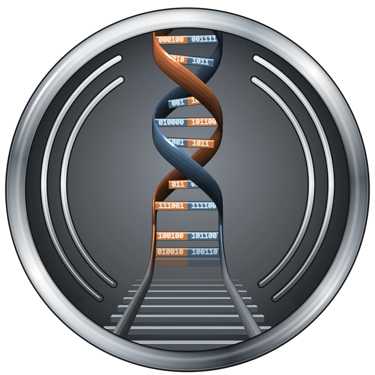 Logo von TrainTechSolutions: Schienen, die in eine Doppelhelix aus Binärcode übergehen
